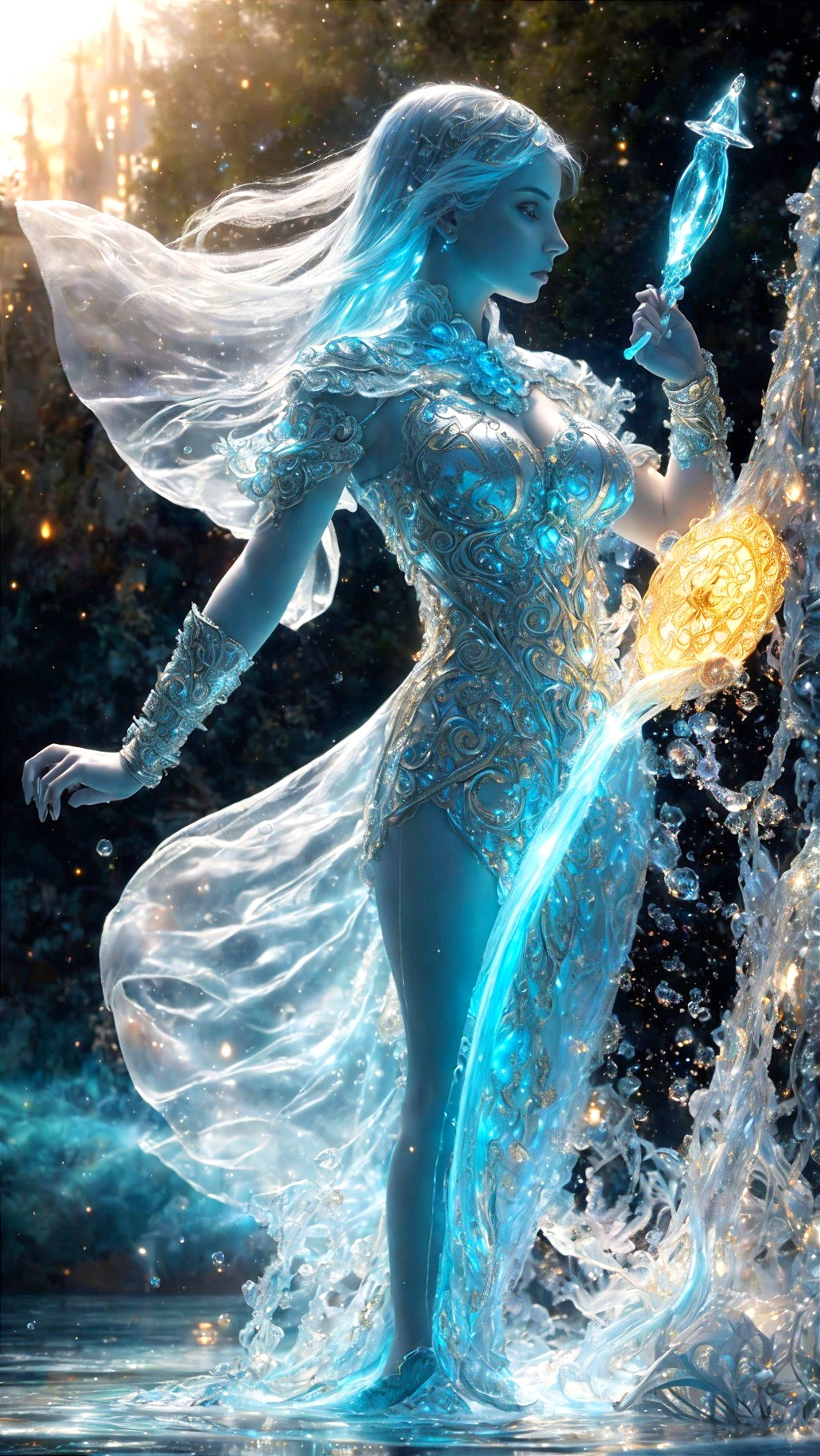 Mystical Water Goddess in Ornate Gown and Staff