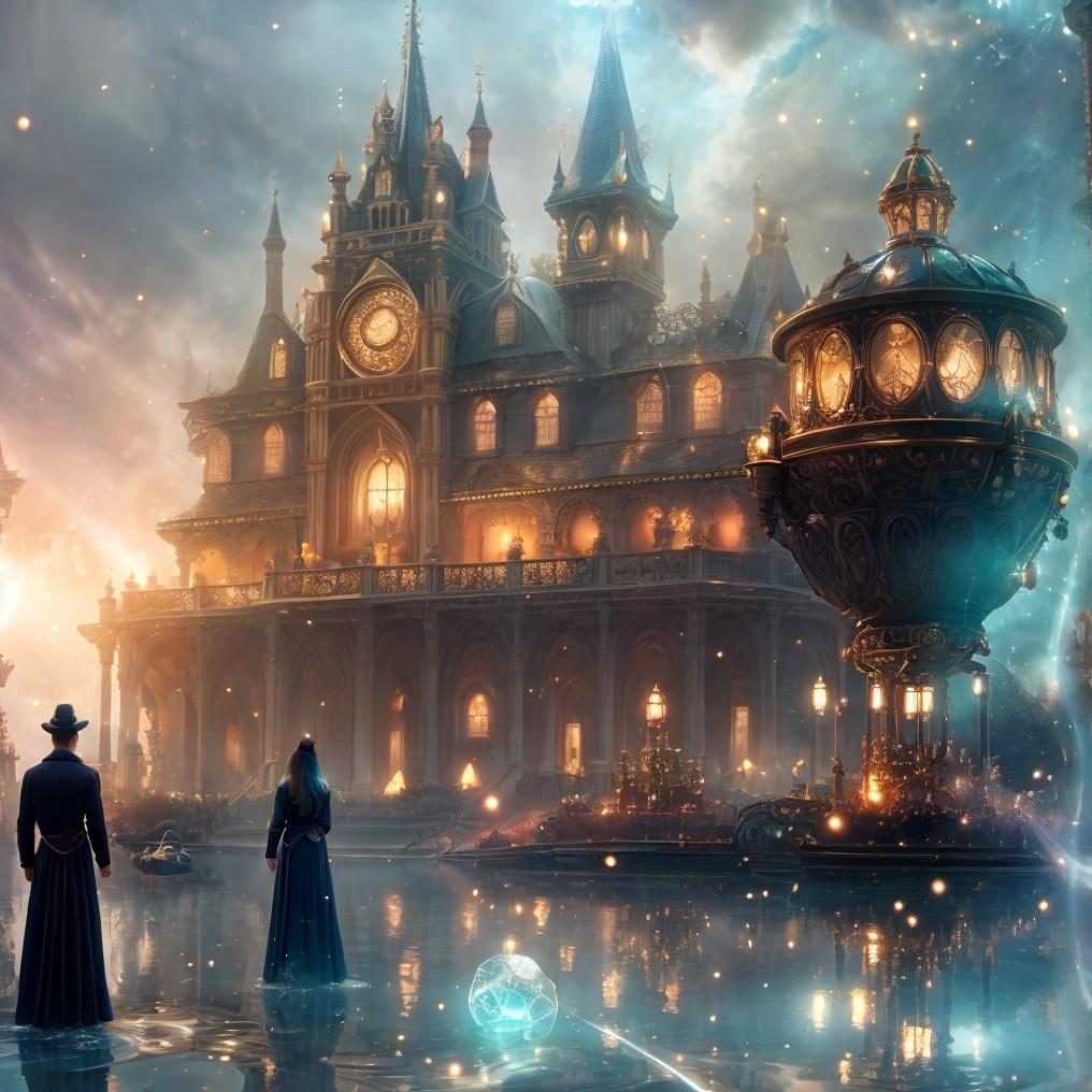 Ornate mansion with steampunk design by still waters