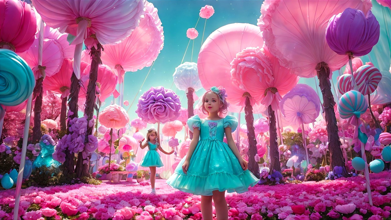 Whimsical Pastel Landscape with Girls and Candy Flora