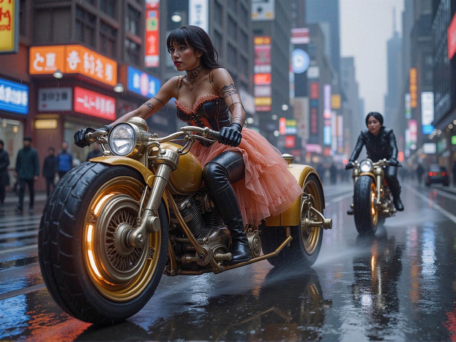 Women Riding Motorcycles in Neon-Lit Urban Streets