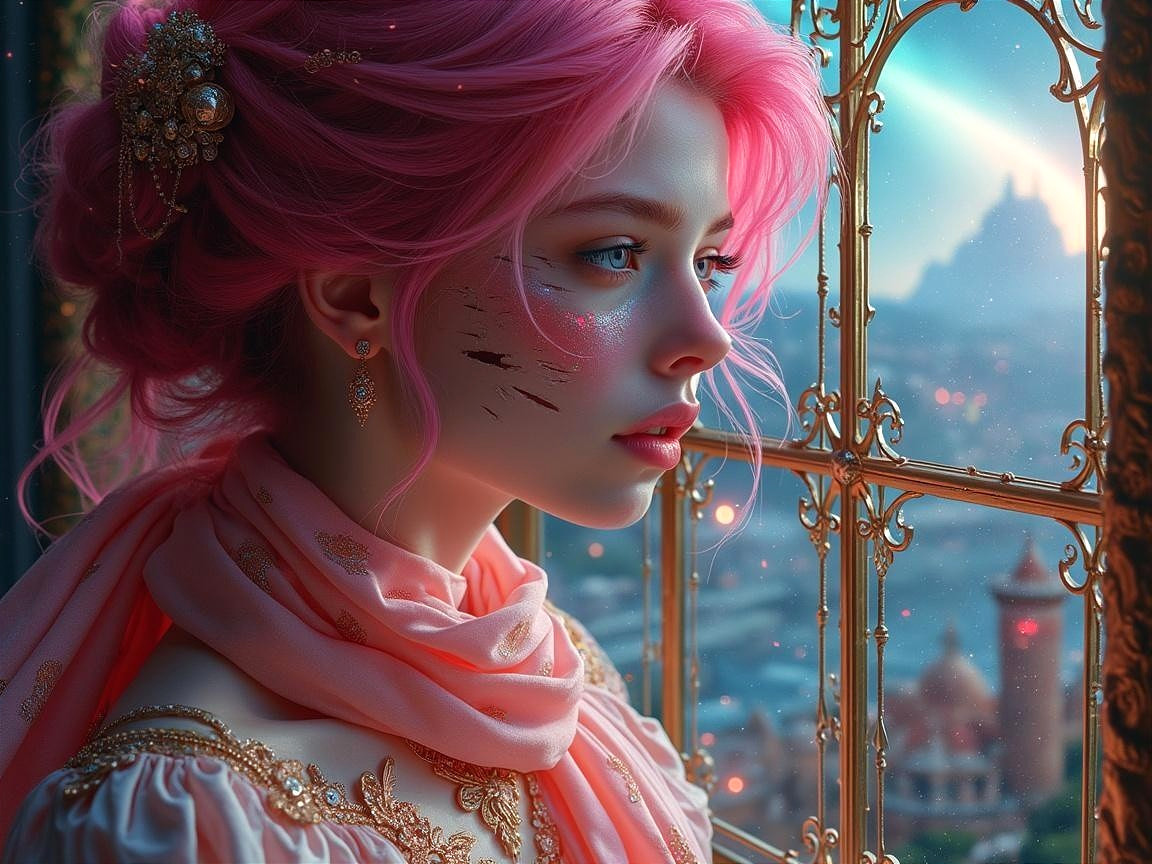 Young woman with pink hair at ornate window