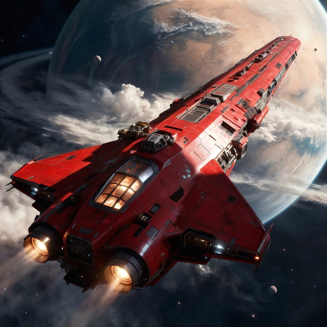 Red Spaceship in Cosmic Scene with Planet and Moons