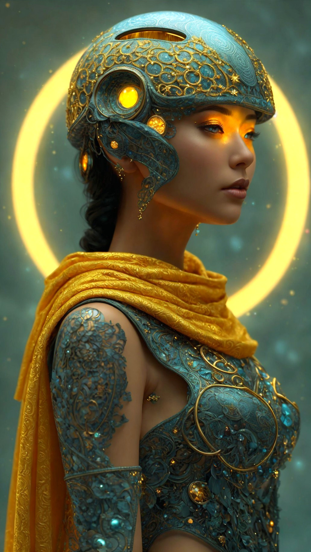 Female figure in ornate blue and gold armor with jewels