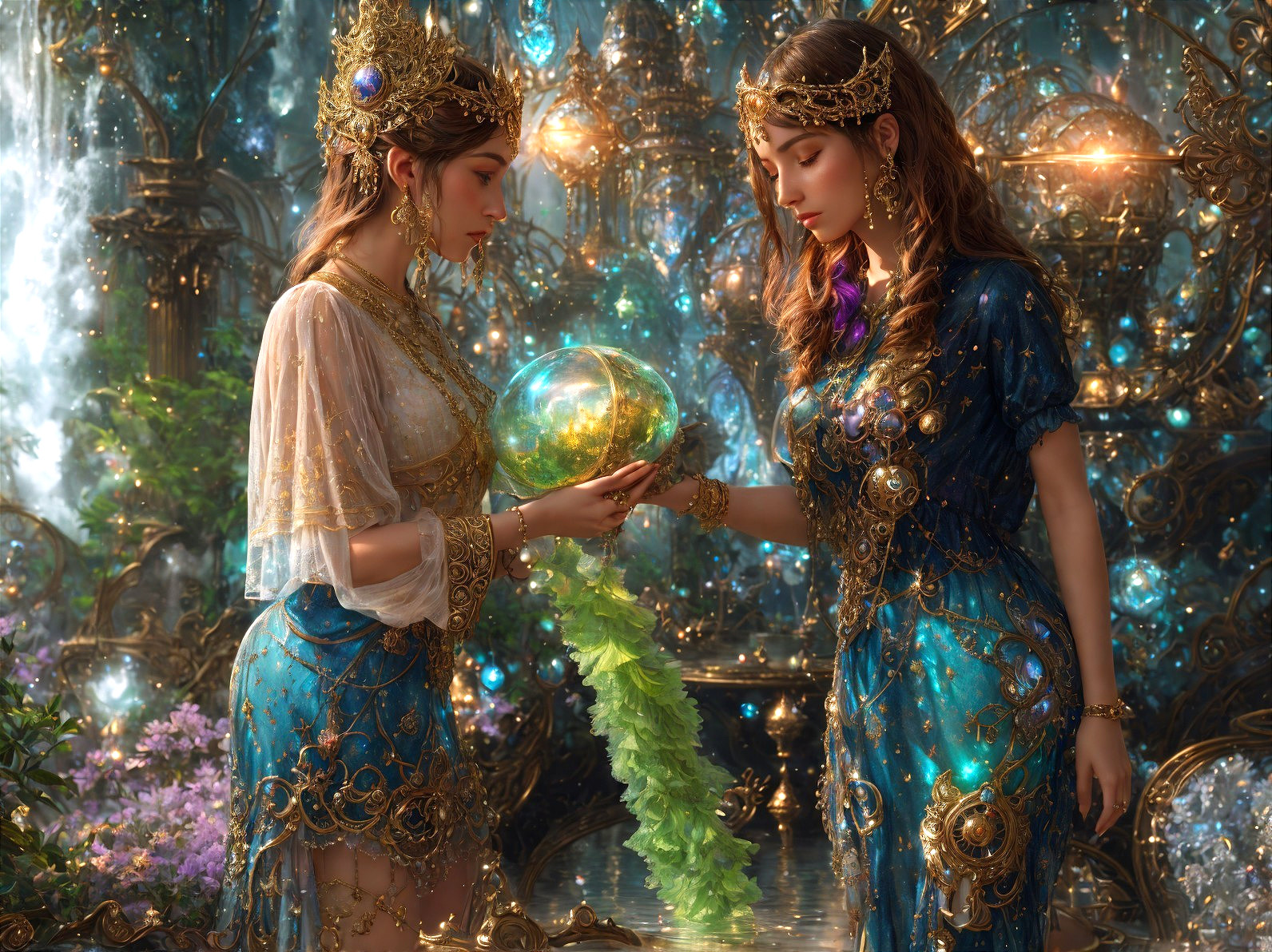 Elegant Women with Glowing Orb in Enchanted Setting