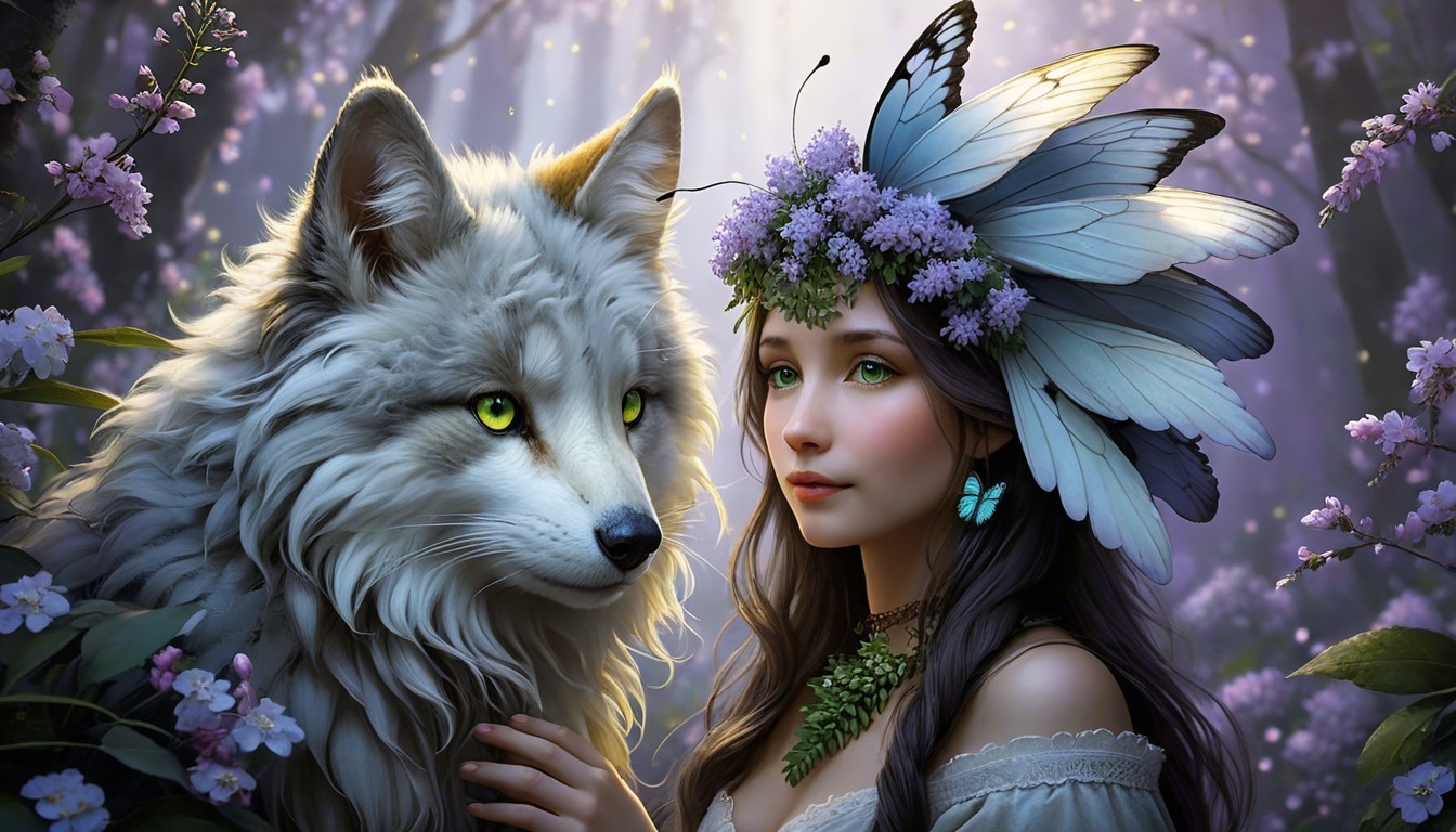 Enchanted forest scene with woman and white wolf