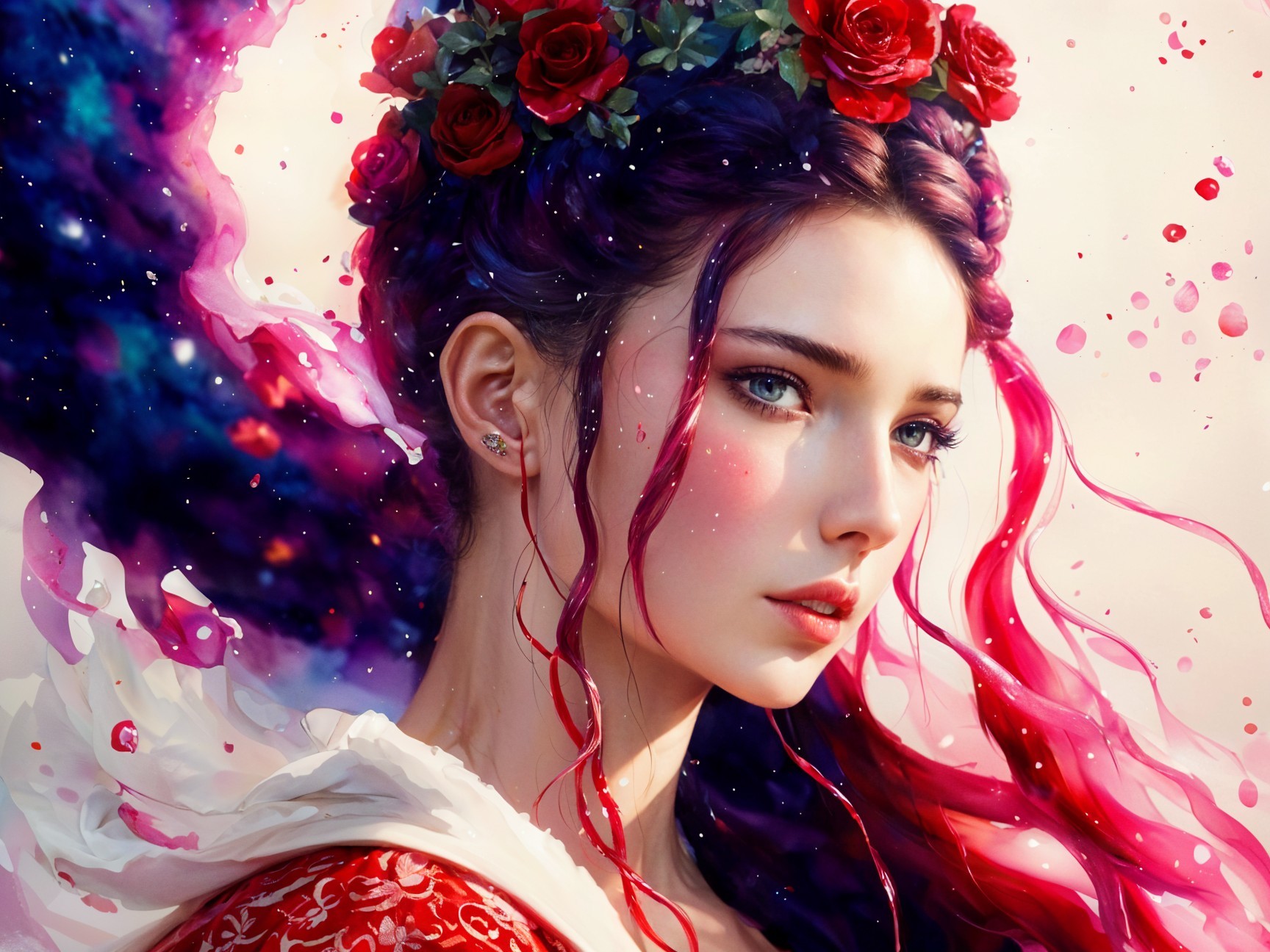 Portrait of a Young Woman with Purple Hair and Roses