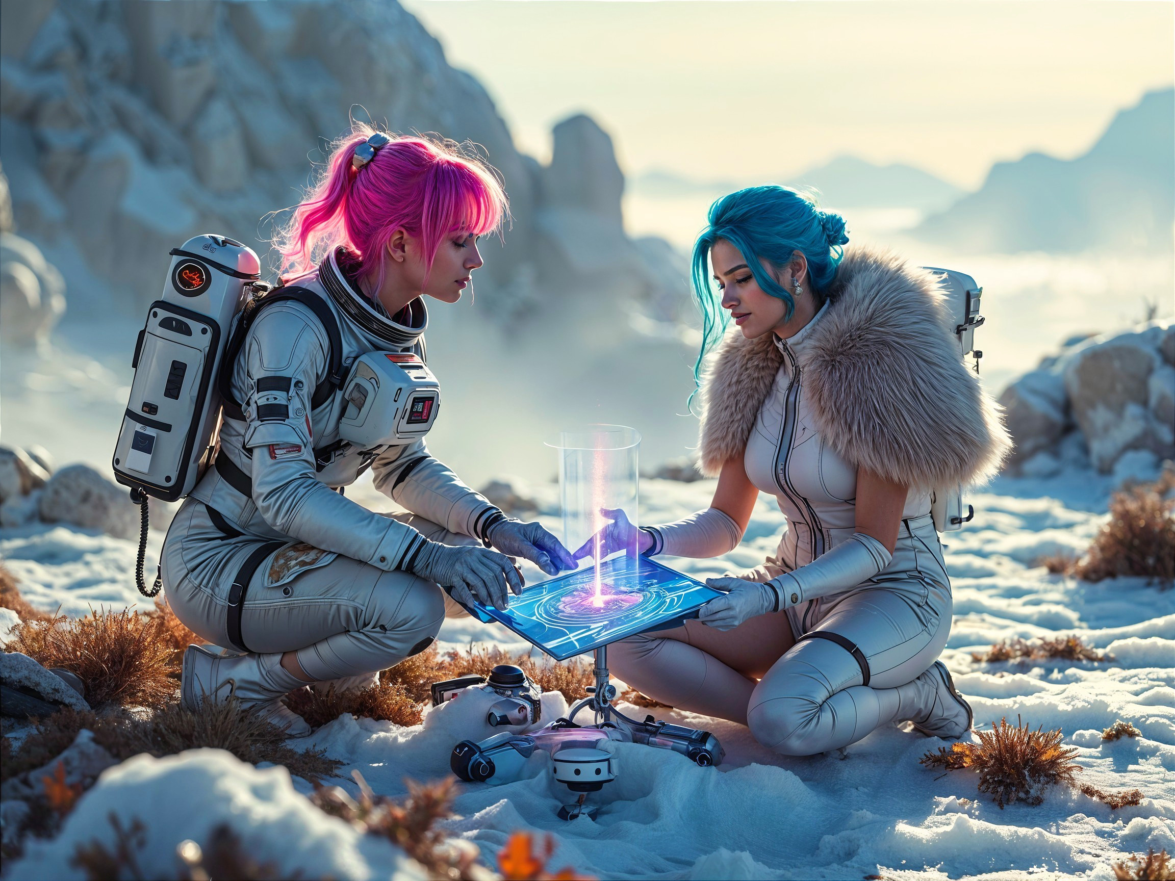Futuristic Figures in Snowy Landscape with Hologram