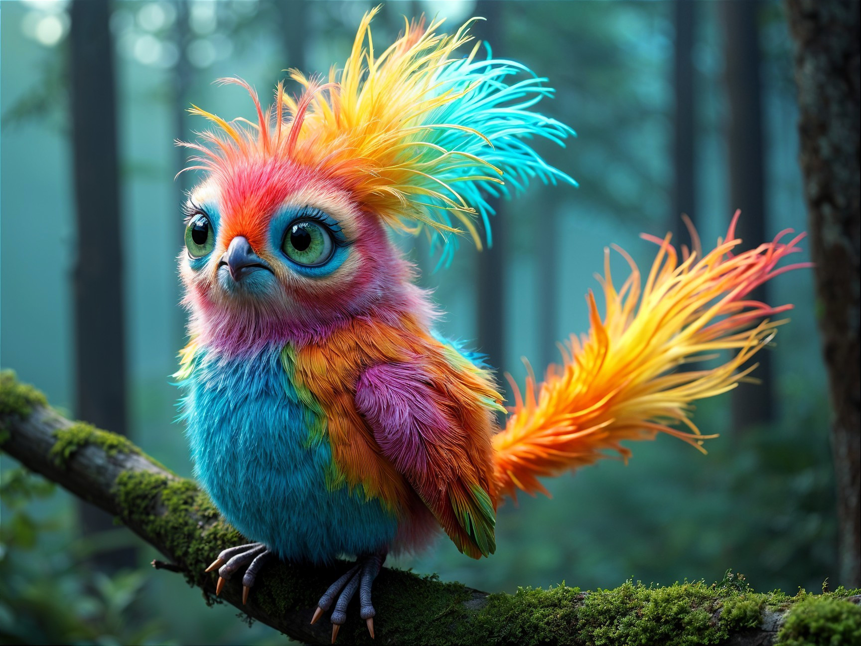 Vibrant Bird on Mossy Branch in Serene Forest