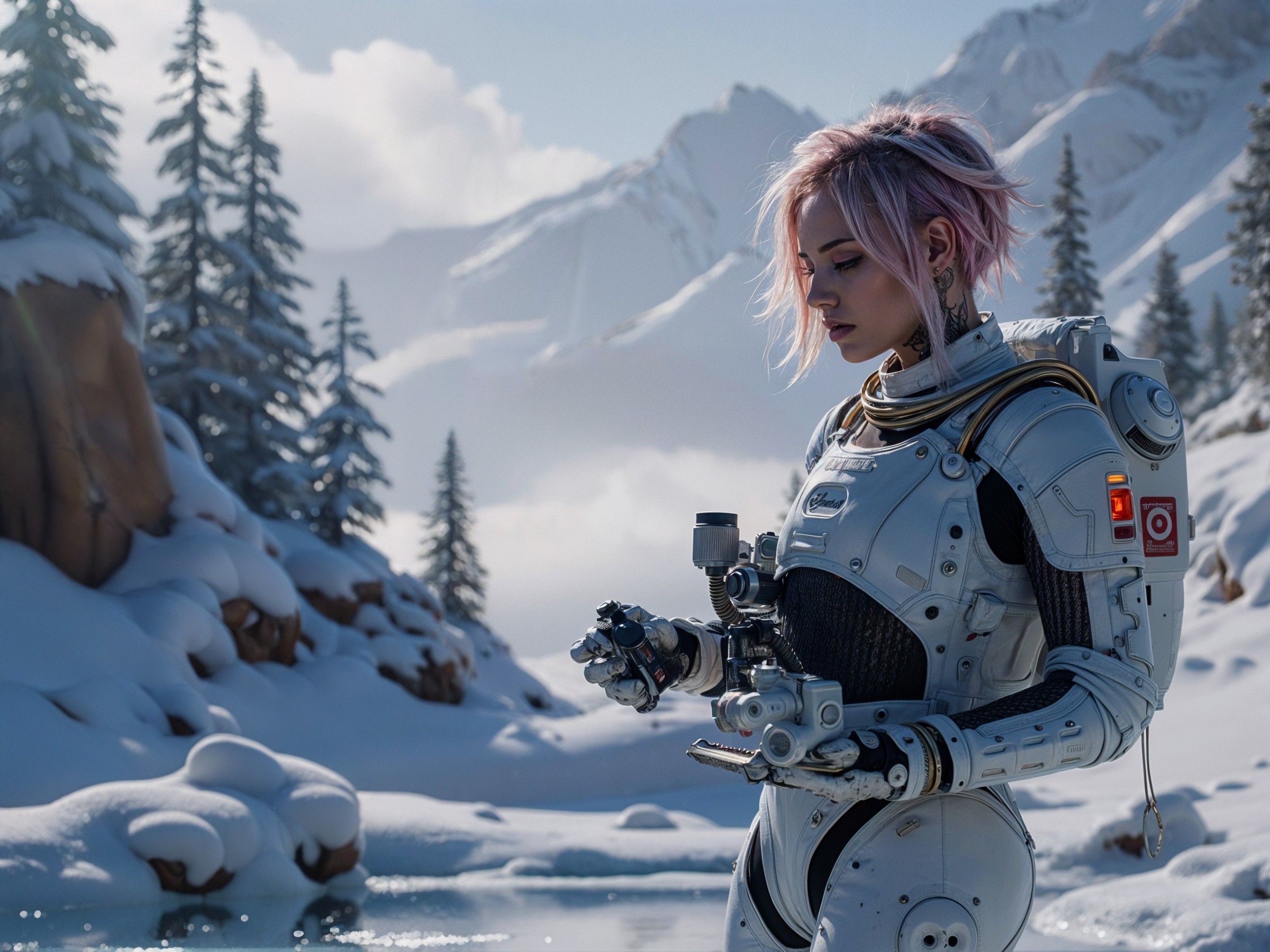 Futuristic woman in high-tech spacesuit in snowy landscape