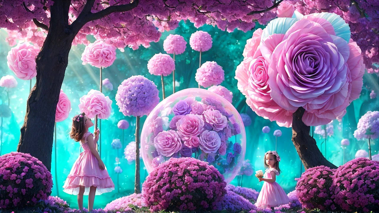 Whimsical garden with girls and blooming roses