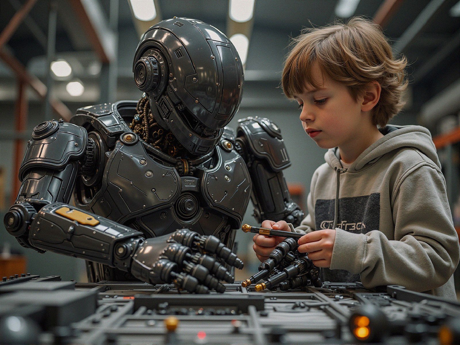 Young Boy Engages with Humanoid Robot in Workshop