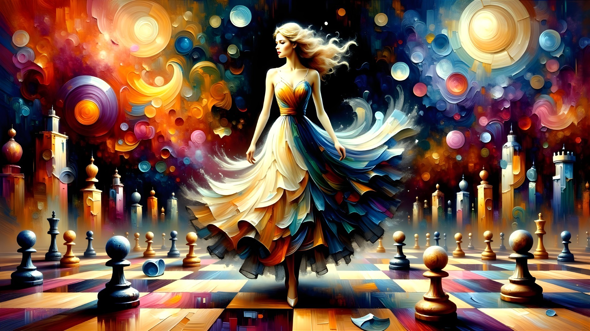 Surreal Scene of a Woman on a Colorful Chessboard