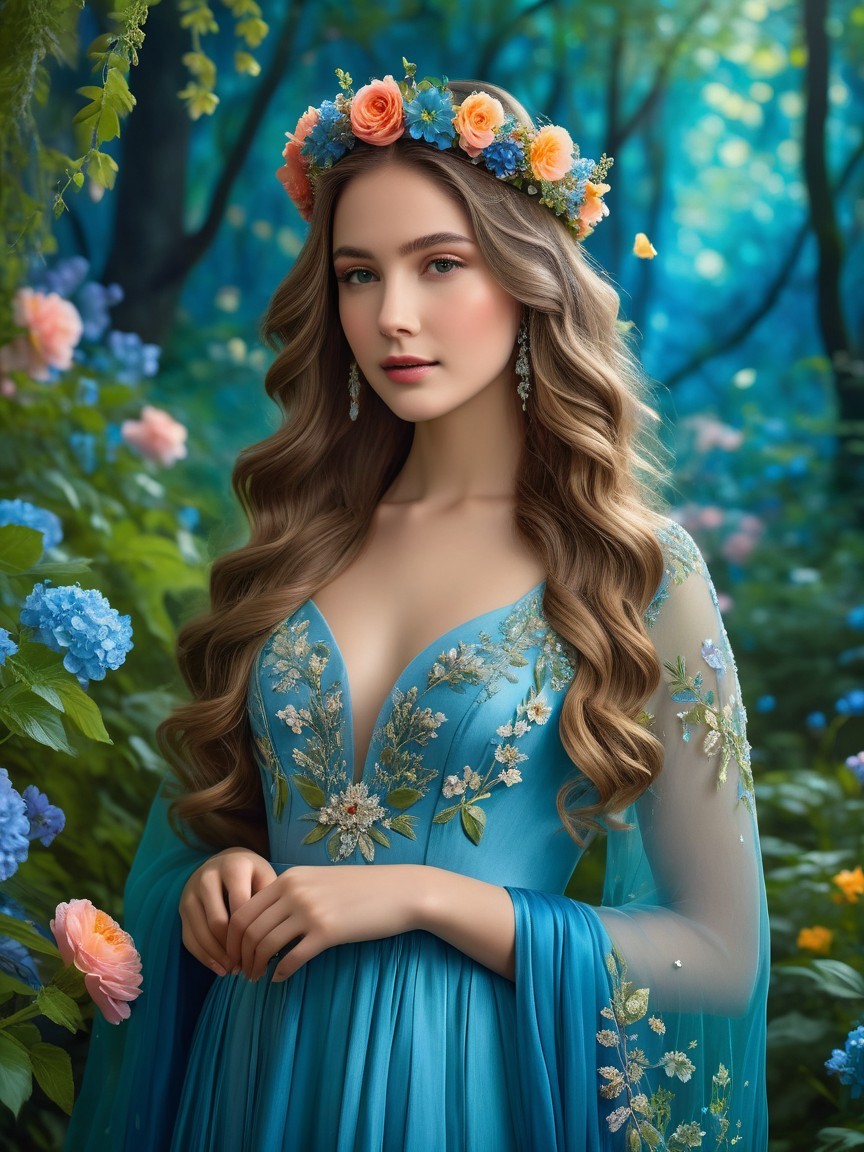 Woman in Blue Gown in Enchanted Forest Setting
