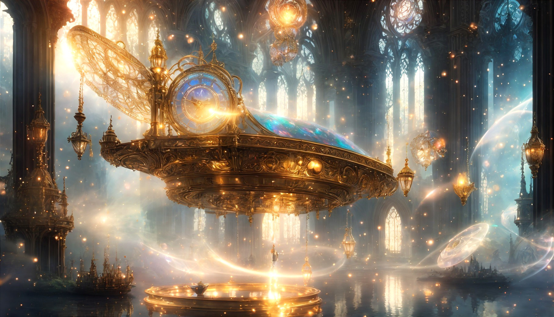 Ornate cosmic device in ethereal space with galaxies