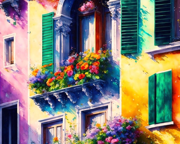 Colorful Building Facade with Flower-Filled Balconies