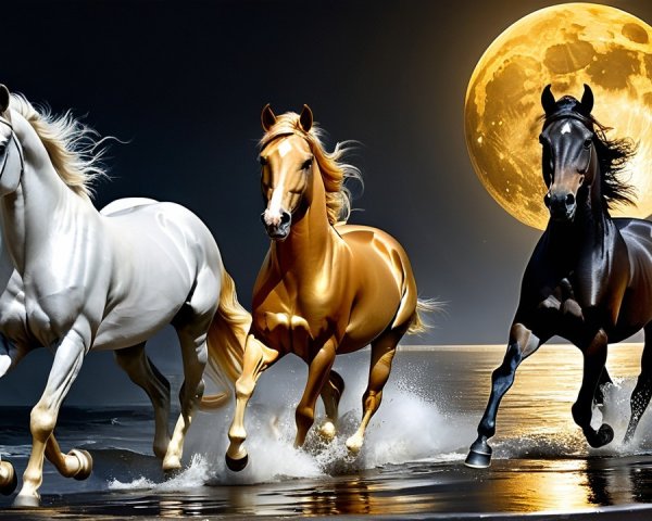 Horses Galloping on a Moonlit Shore at Night