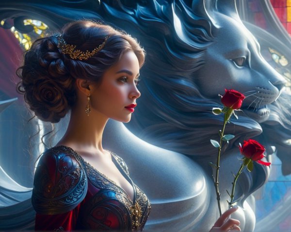 Regal Woman Beside Lion Statue in Stained Glass Light