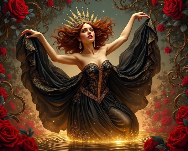 Regal figure in black gown with golden patterns