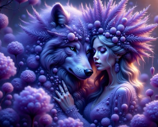 Mystical Woman and Wolf in Dreamlike Floral Scene