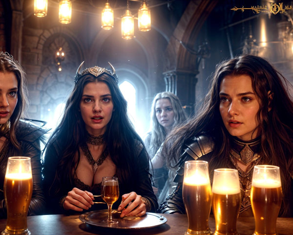 Medieval Tavern Scene with Regal Women in Armor