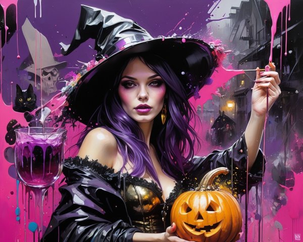 Mysterious witch in Halloween scene with pumpkin and potion