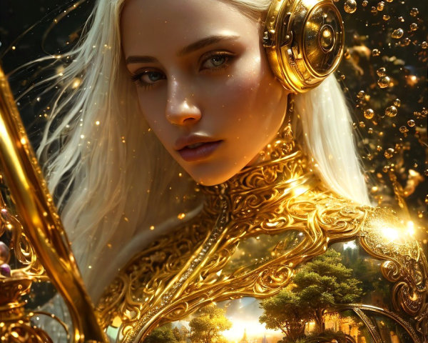 Enchanting Figure in Gold Outfit with White Hair