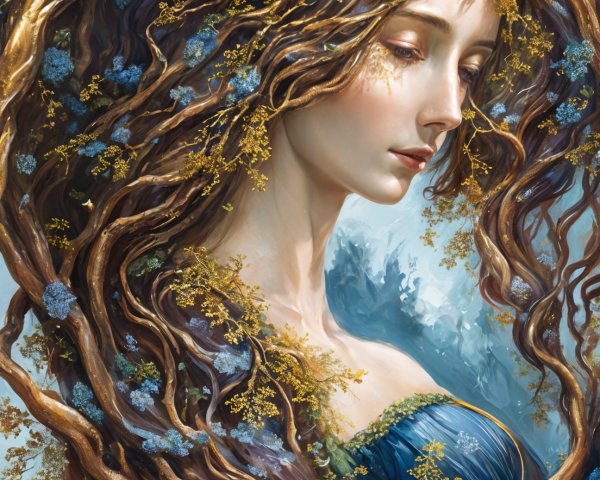 Serene Woman with Branch Hair and Floral Elements