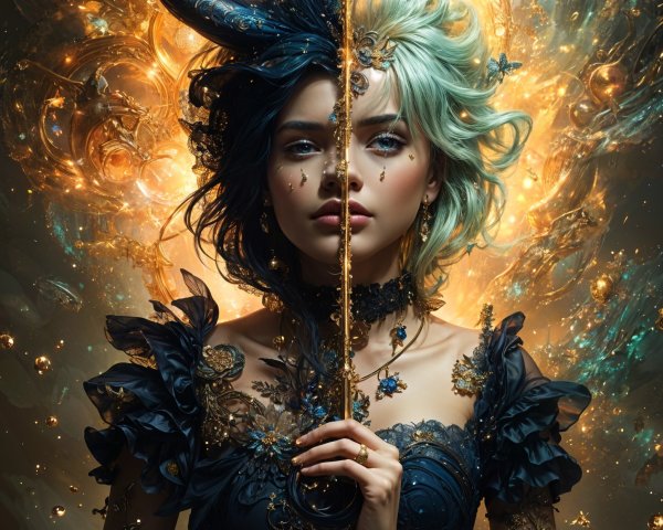 Mystical Figure with Cosmic Backdrop and Hair Contrast