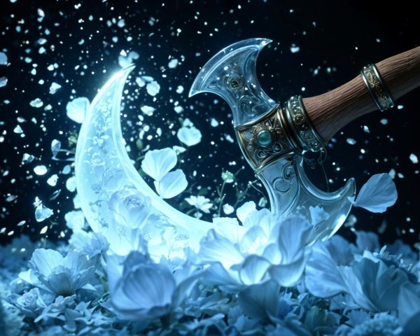 Intricately Designed Axe Surrounded by White Flowers