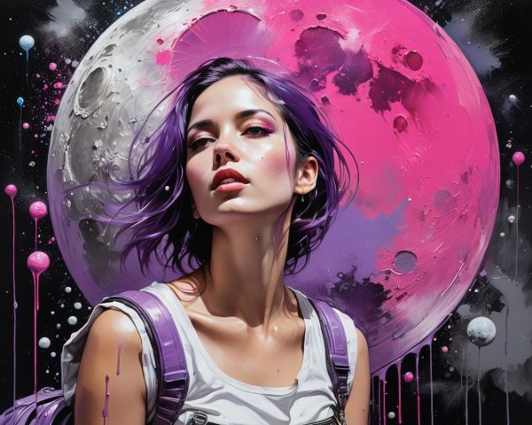 Young Woman with Purple Hair and Abstract Moon Background