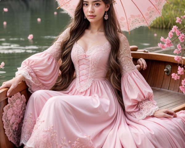 Young Woman in Boat Amid Cherry Blossoms and Water