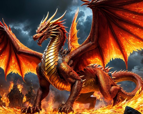 Majestic dragon in a fiery landscape with ruins