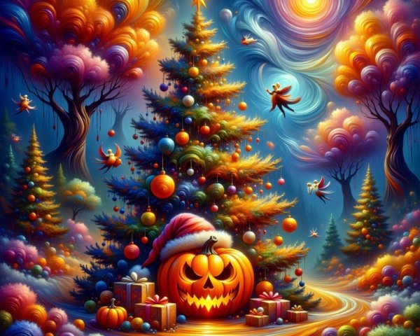 Christmas and Halloween Landscape with Tree and Pumpkin