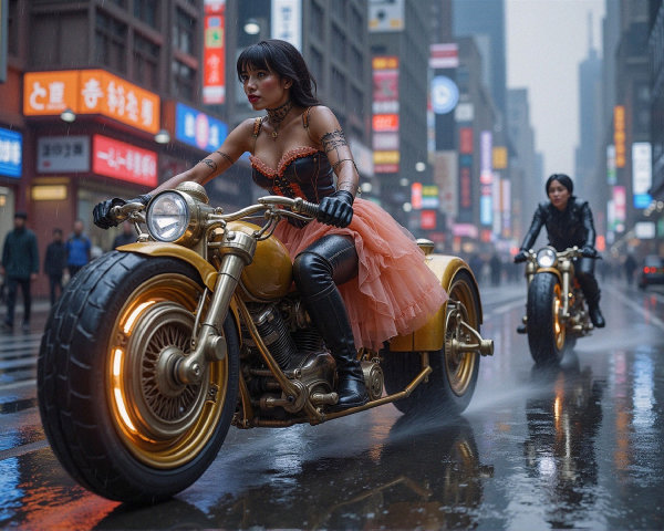 Women Riding Motorcycles in Neon-Lit Urban Streets