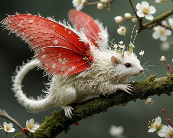 Whimsical Creature with Butterfly Wings on Branch