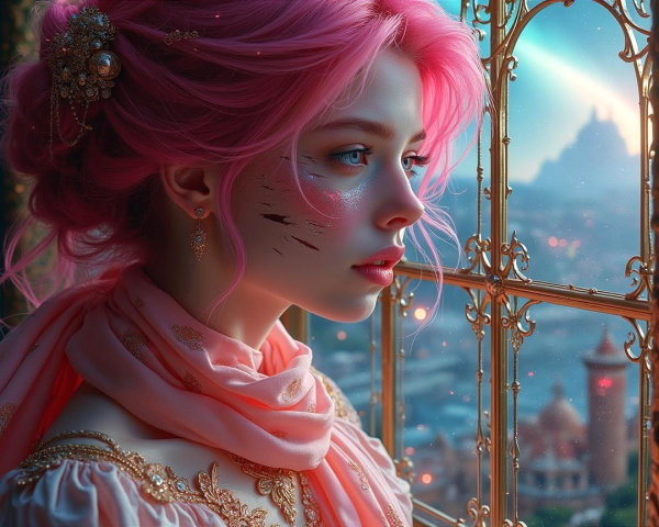 Young woman with pink hair at ornate window