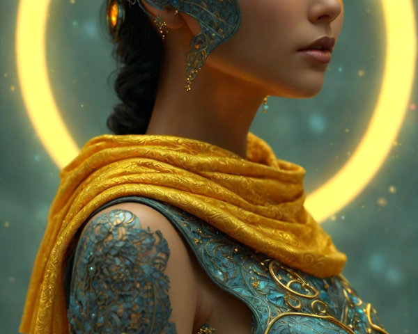 Female figure in ornate blue and gold armor with jewels