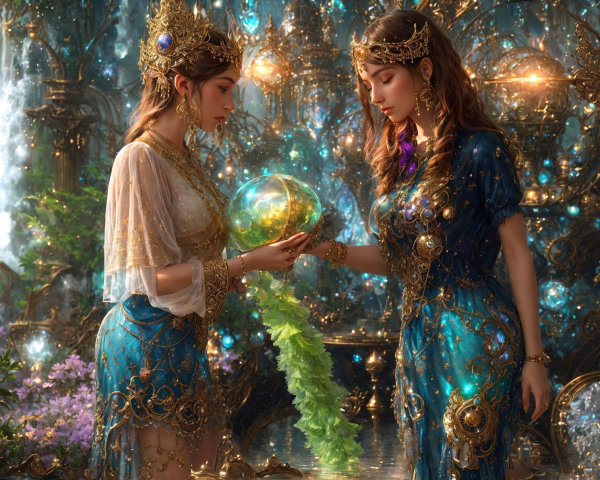Elegant Women with Glowing Orb in Enchanted Setting