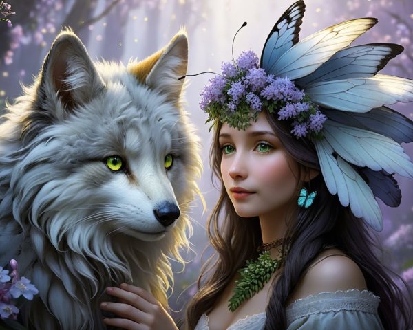 Enchanted forest scene with woman and white wolf