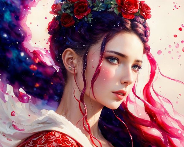 Portrait of a Young Woman with Purple Hair and Roses