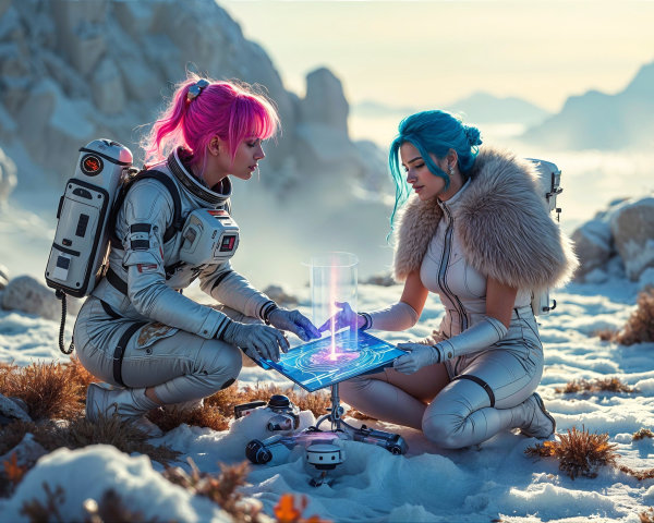 Futuristic Figures in Snowy Landscape with Hologram