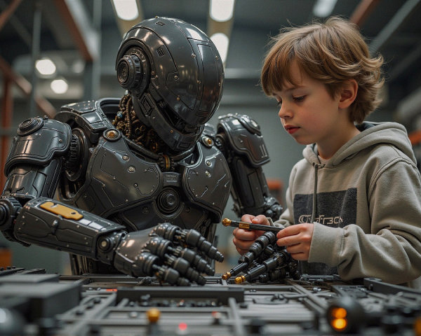 Young Boy Engages with Humanoid Robot in Workshop