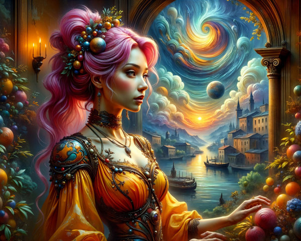 Vibrant Pink-Haired Woman in Cosmic Landscape Scene