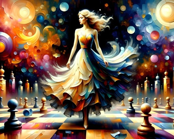 Surreal Scene of a Woman on a Colorful Chessboard