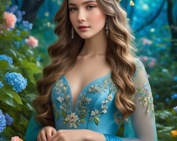 Woman in Blue Gown in Enchanted Forest Setting