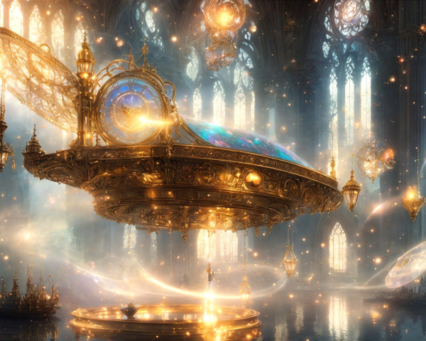Ornate cosmic device in ethereal space with galaxies