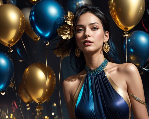 Elegant Woman in Glamorous Dress with Balloons