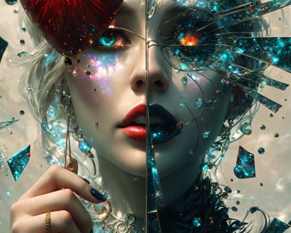 Split-faced portrait of a woman with contrasting themes