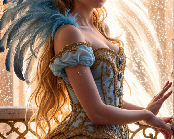 Elegant young woman in gown with feathered crown
