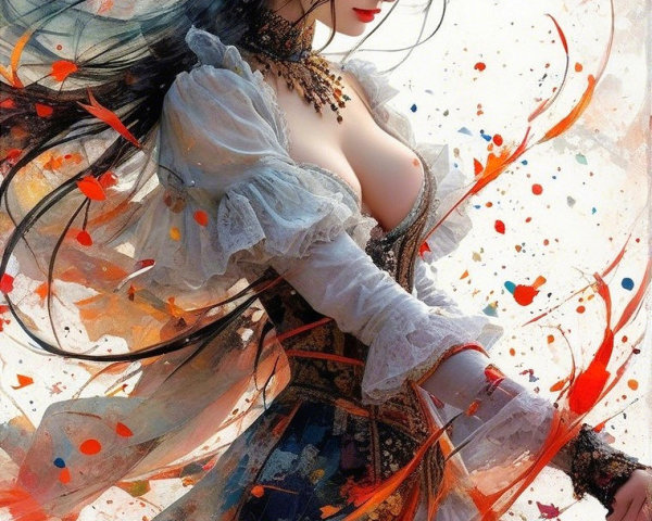 Elegant figure in vibrant dress with intricate patterns